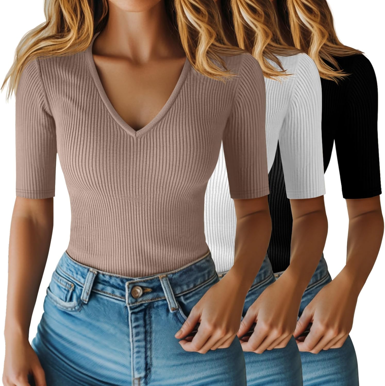 Riyiper Women's Half Sleeve Top Elbow Length Ribbed Cotton Tee