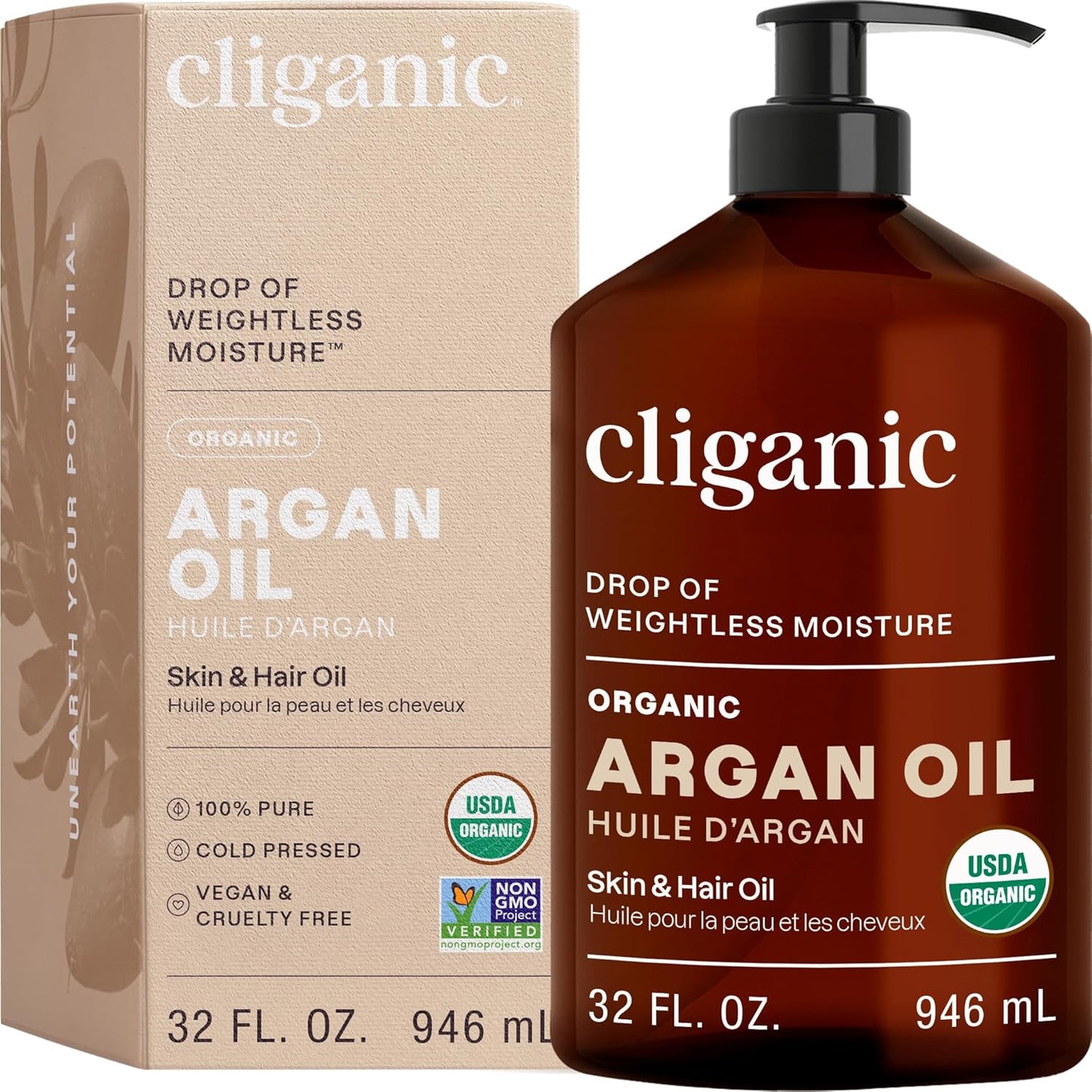 Cliganic Organic Argan Oil for Hair, Face & Skin - 32oz Pump