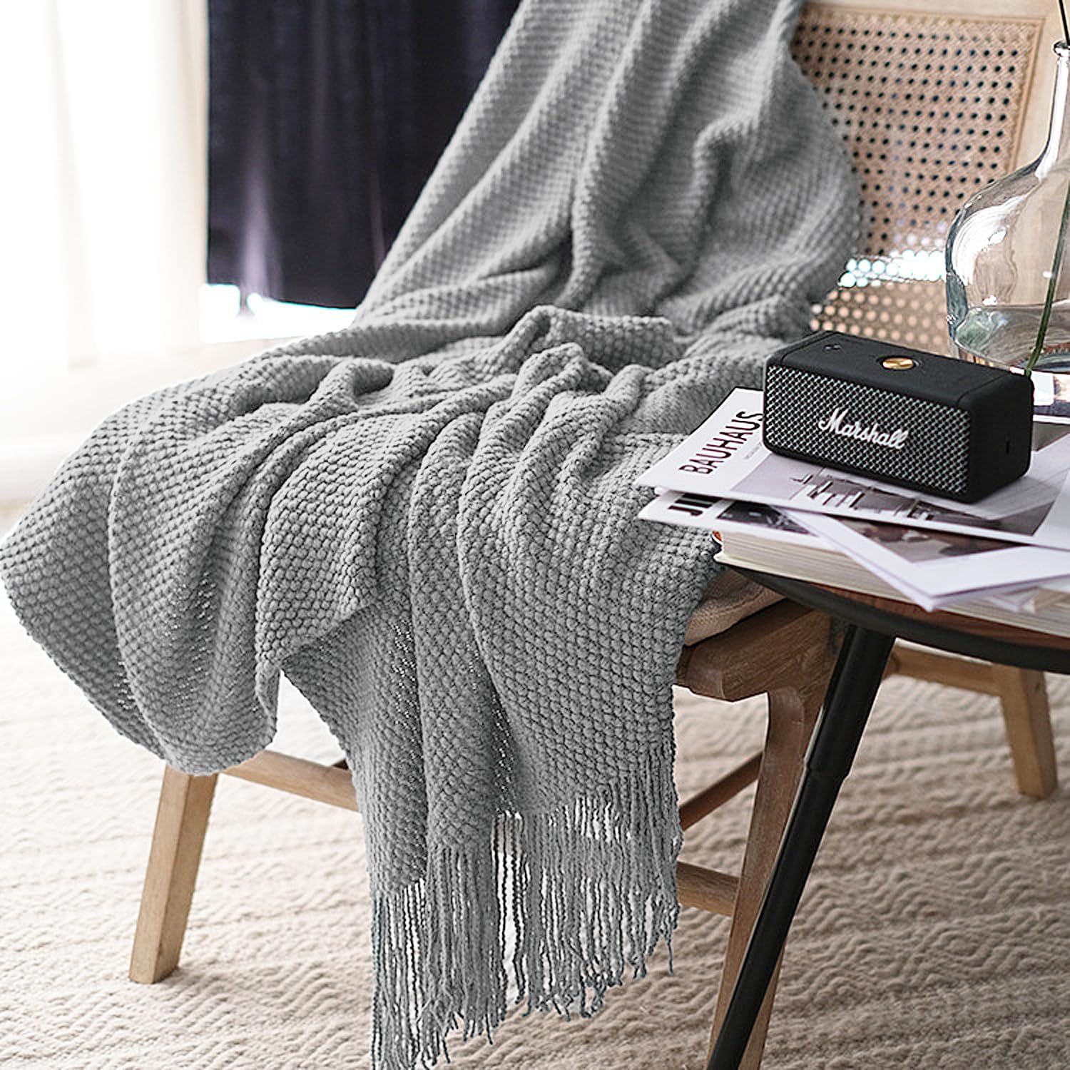 LOMAO Knitted Throw Blanket with Tassels for Cozy Home Decor