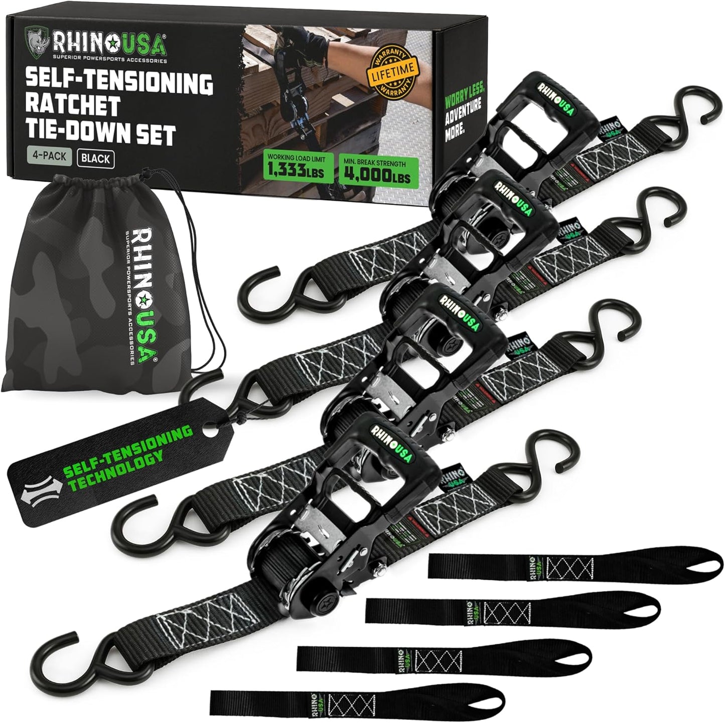 Rhino USA Self Tensioning Ratchet Tie Down Straps for Cargo
