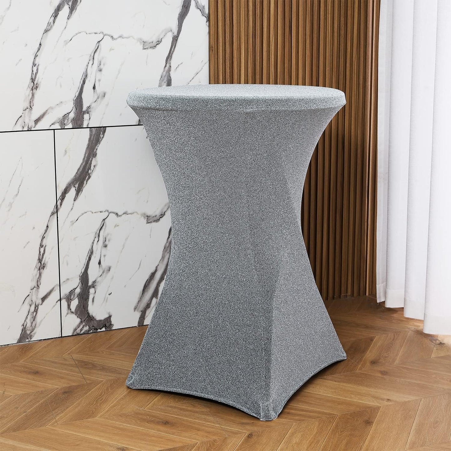 Sparkling Silver Cocktail Table Cover - Elegant 2.6ft Round Spandex Cover for High Top Tables
