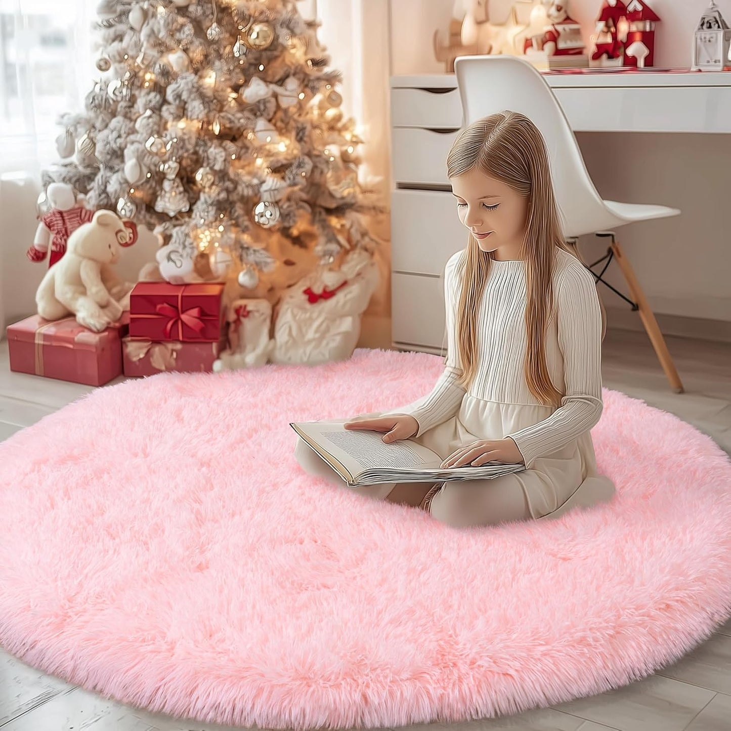 Round Fluffy Pink Rug for Bedroom - Soft Non Slip Plush Carpet