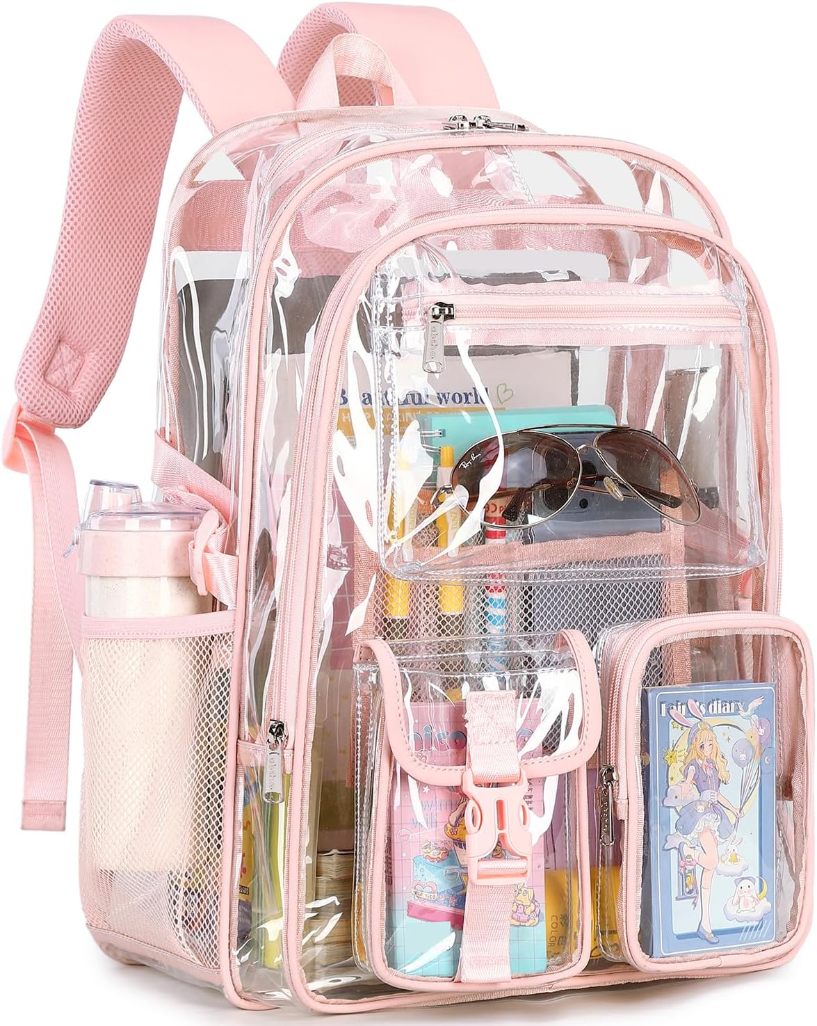 Large Clear Backpack for Girls and Women - Heavy Duty Pink Bag