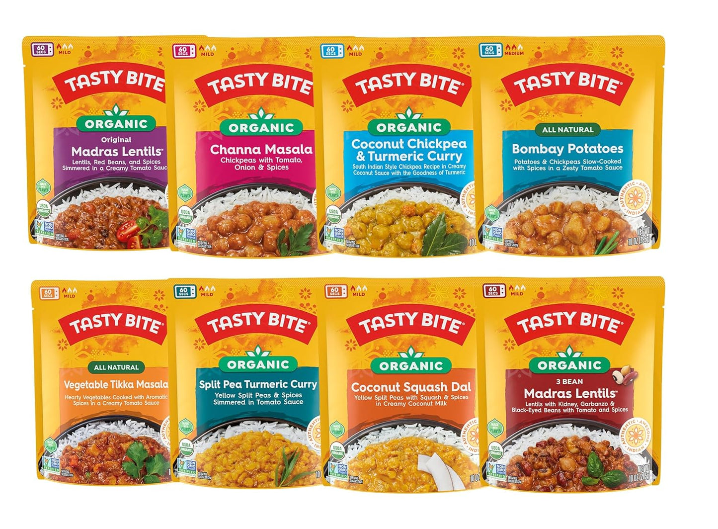 Tasty Bite Variety Pack of 8: Authentic Indian Cuisine Delights