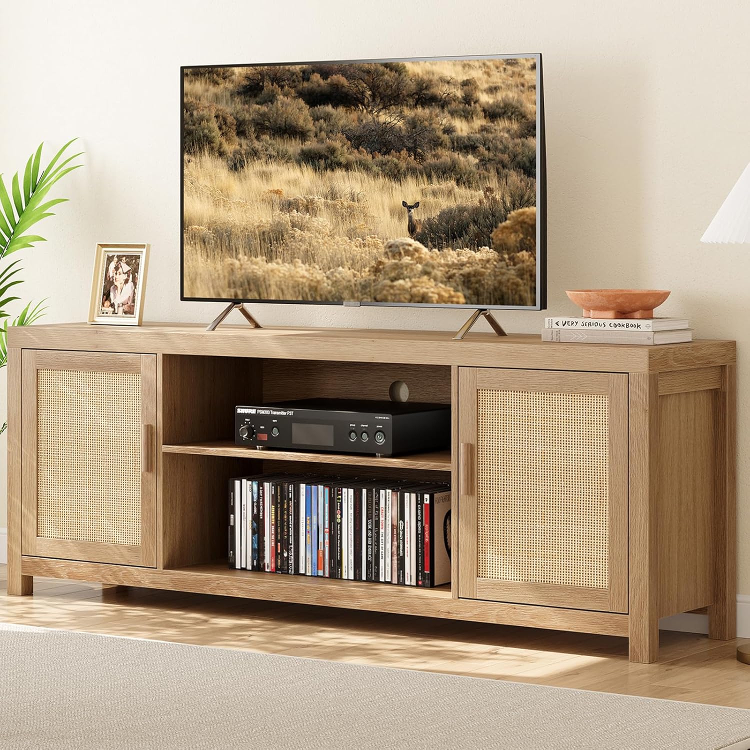 Boho Rattan TV Stand - Adjustable Shelves & 2-Tier Storage