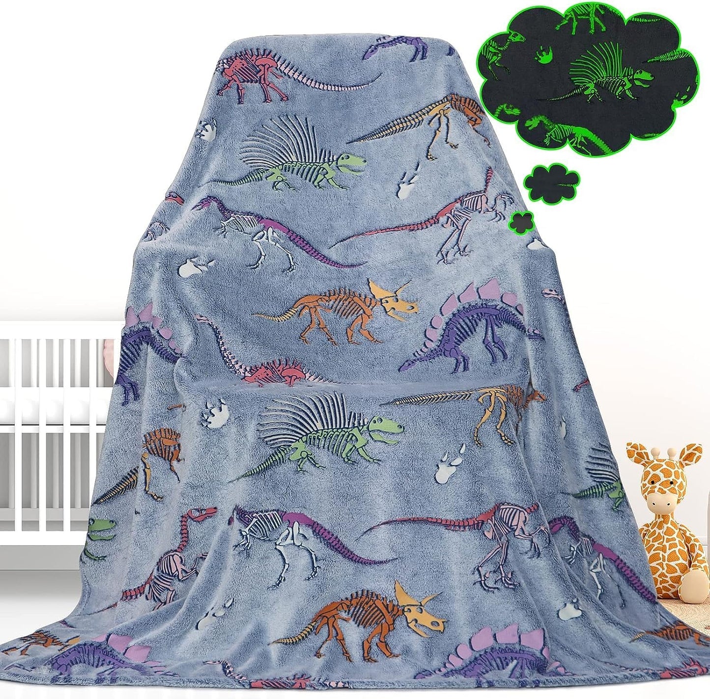 Glow in The Dark Dinosaur Blanket - Soft Plush Kids Throw