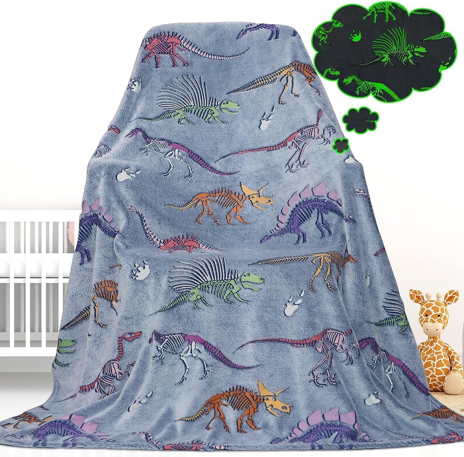 Glow in The Dark Dinosaur Blanket - Soft Plush Kids Throw