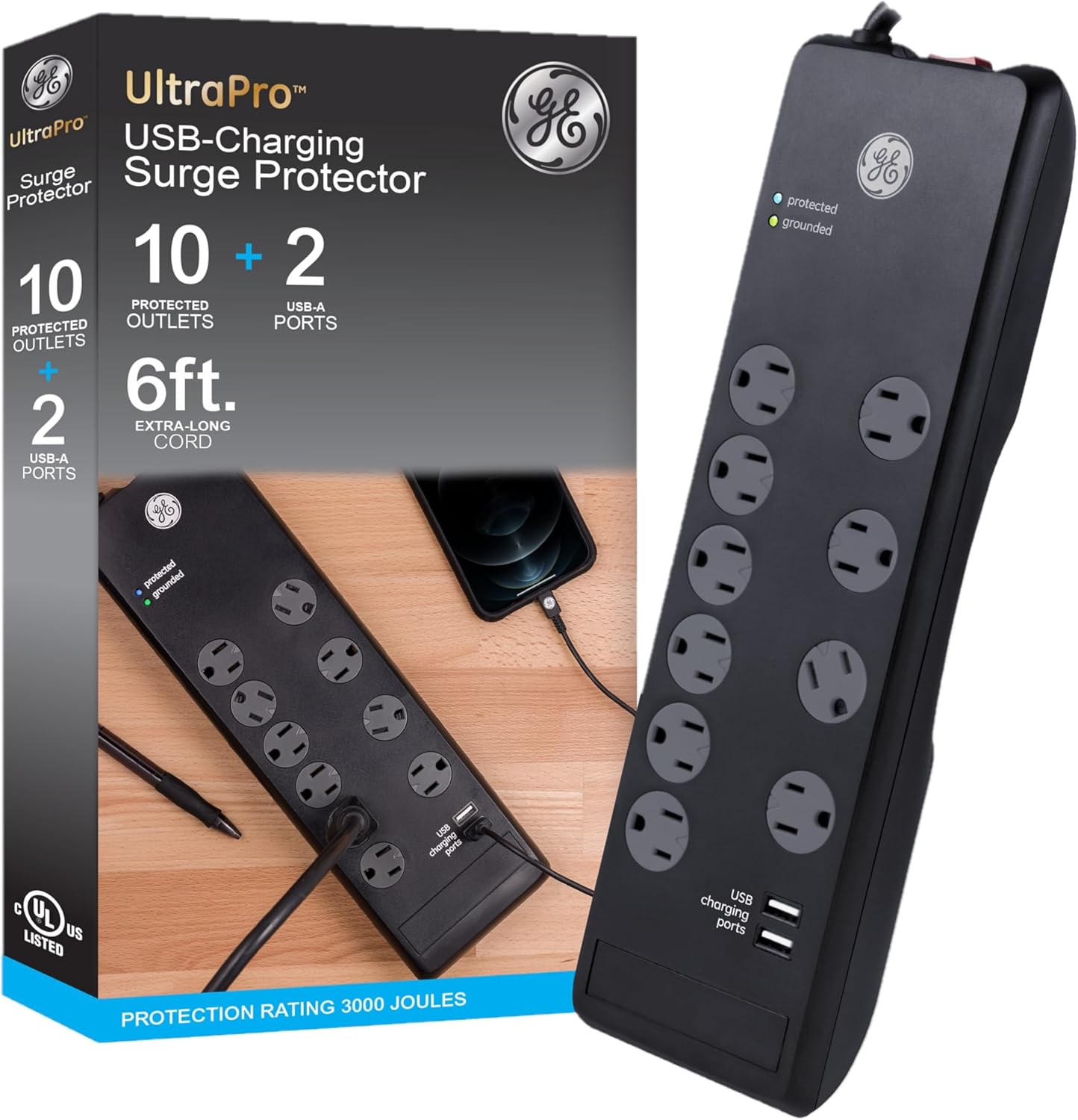 GE UltraPro Surge Protector: 10 Outlets, 2 USB, 3000J - Ultimate Protection