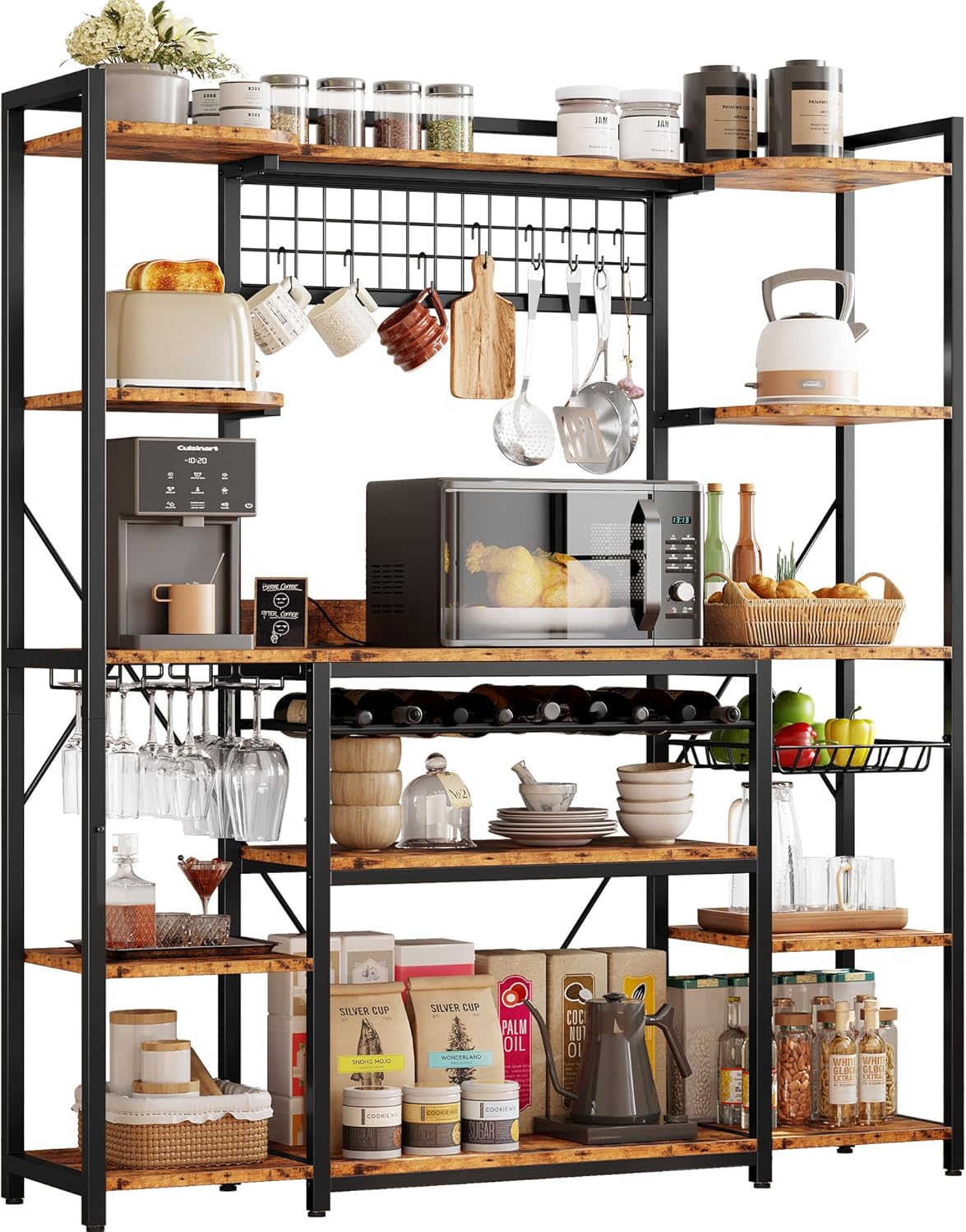 Spacious 62 Bakers Rack w/ Power Outlet & Storage