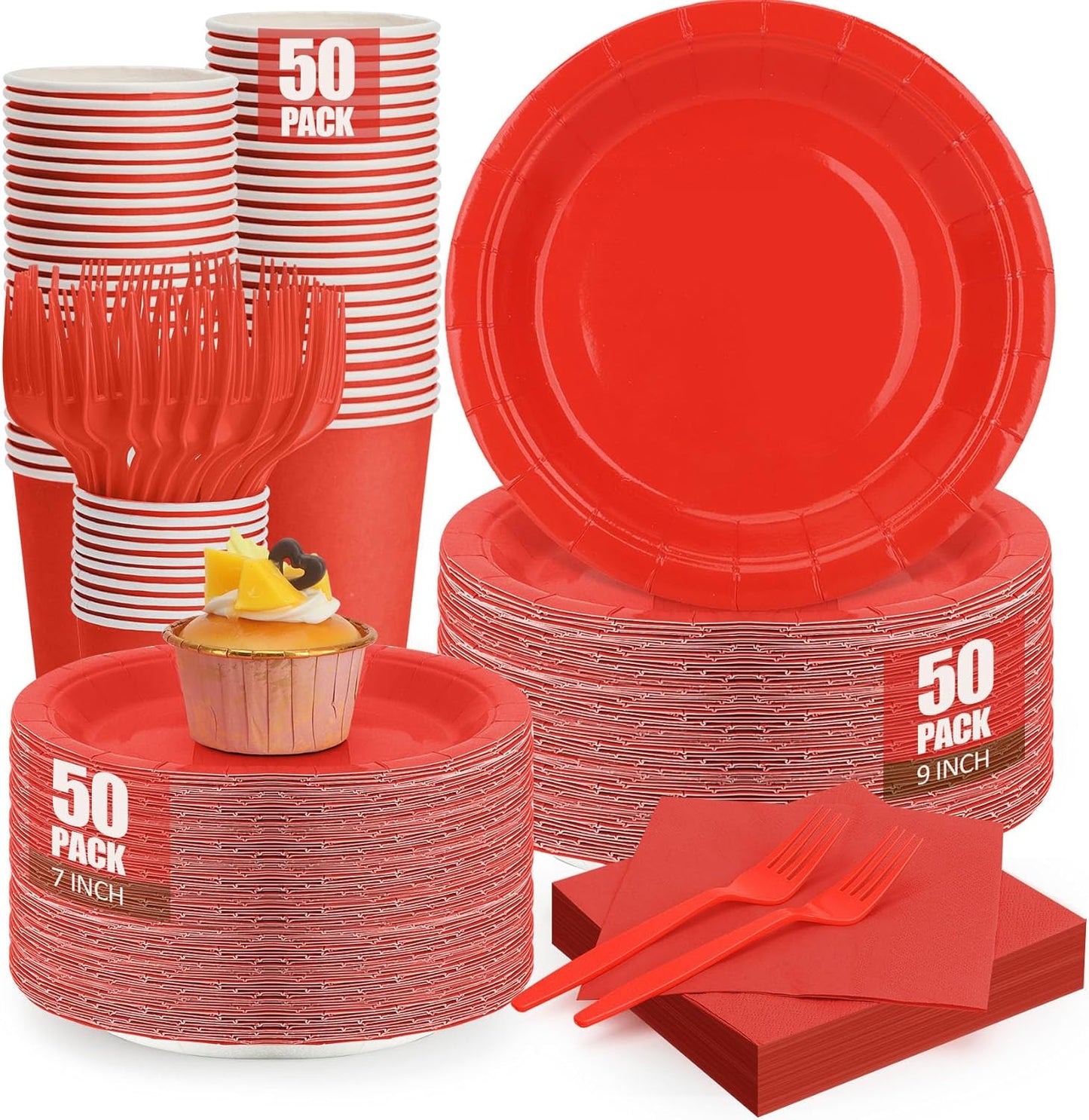 250Pcs Red Paper Plates and Napkins Party Supplies for 50 Guests