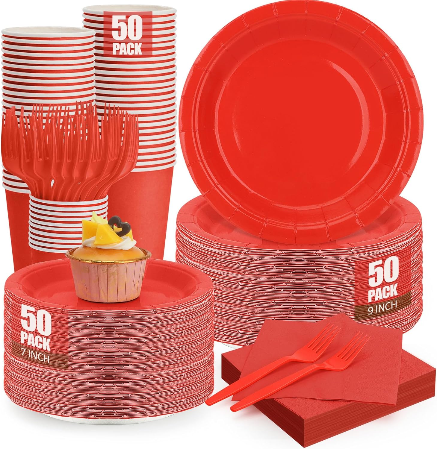 250Pcs Red Paper Plates and Napkins Party Supplies for 50 Guests