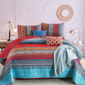 Boho Quilt Set Queen Size - Bohemian Red Christmas Stripe Coverlet
