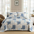Light Blue Quilt Set Queen Size - Boho Plaid Floral 3-Piece Quilt