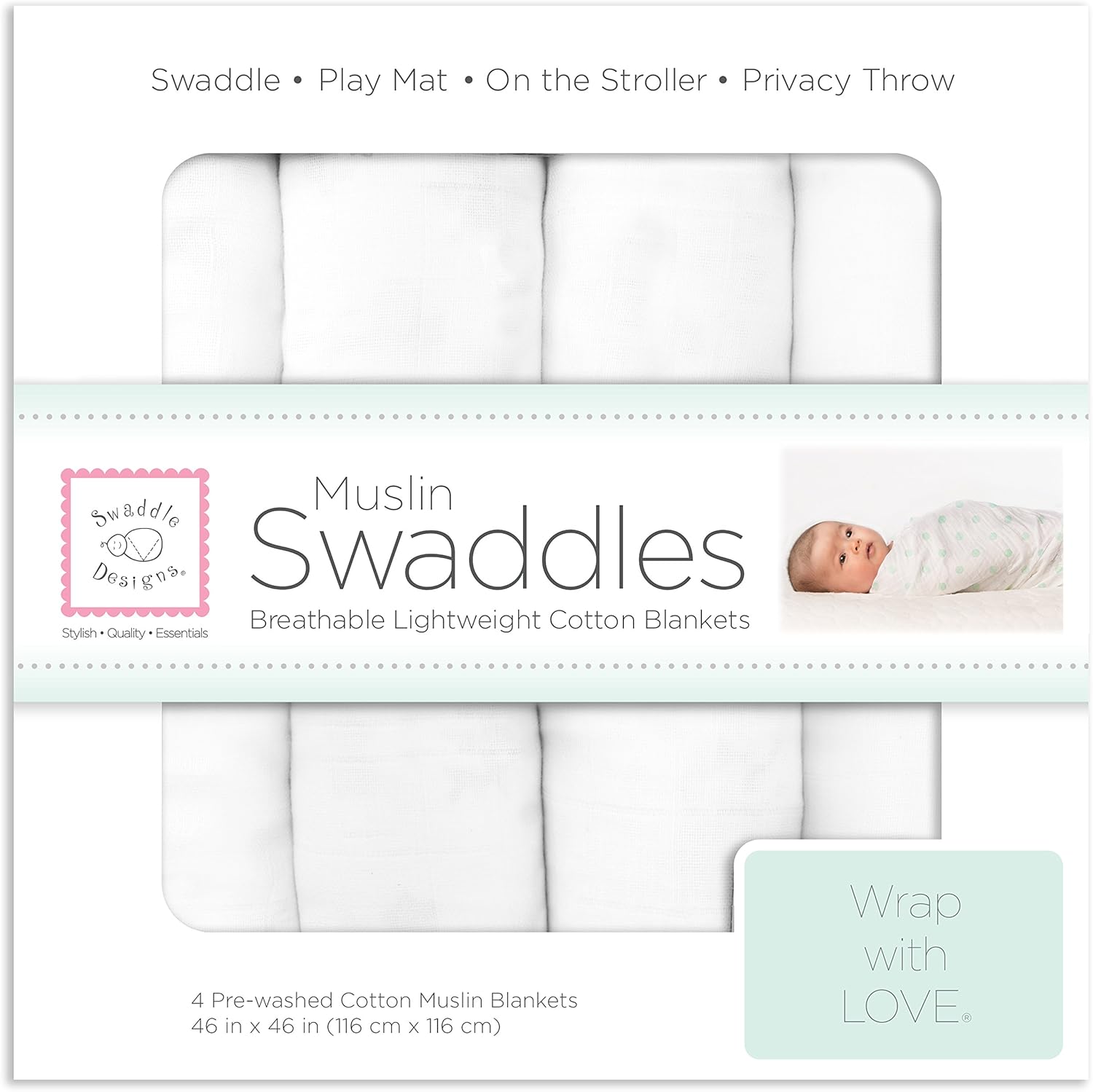 SwaddleDesigns Cotton Muslin Swaddle Blankets Set of 4 for Babies
