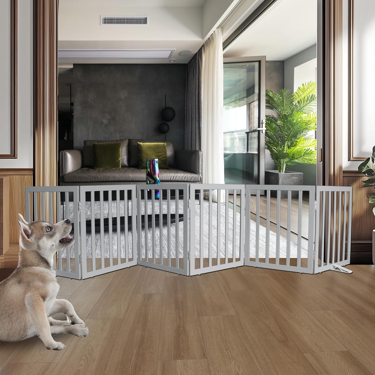 Freestanding Indoor Dog Gate for House - Foldable Wood Pet Fence