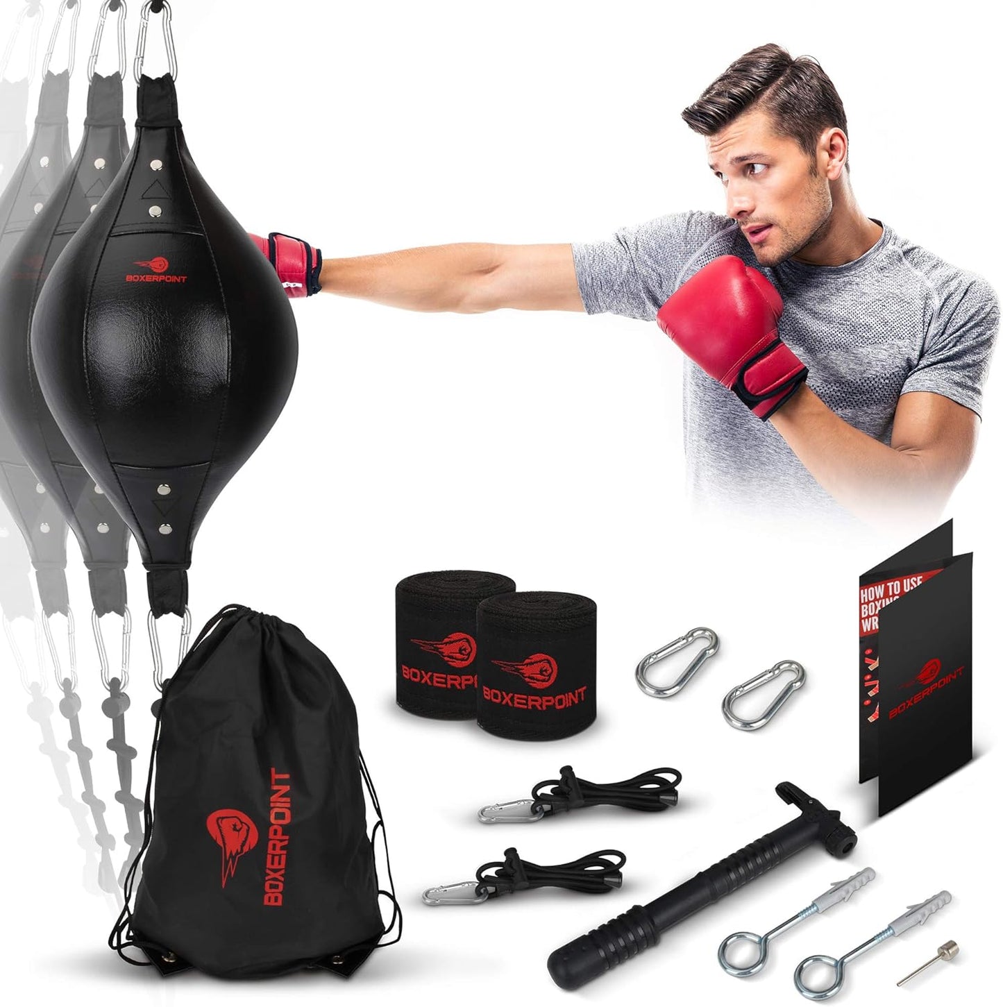 BOXERPOINT Premium Double End Bag - Durable PU Leather, Adjustable Cords | Boxing Training at Home & Gym