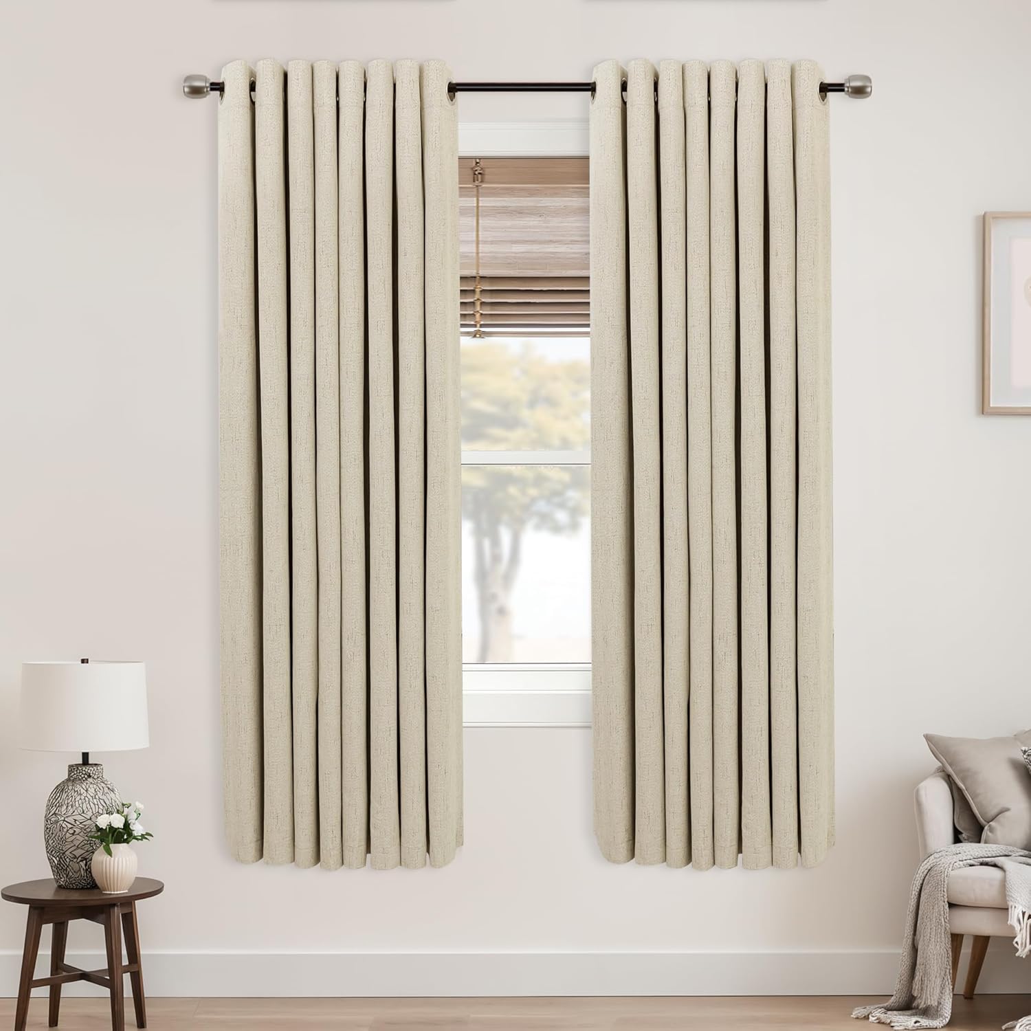 Mrs.Naturall Light Tan Grommet Linen Blackout Curtains 52x63