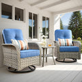 Outdoor Bistro Set: Diamond Blue Swivel Rocking Chairs & Rattan Table