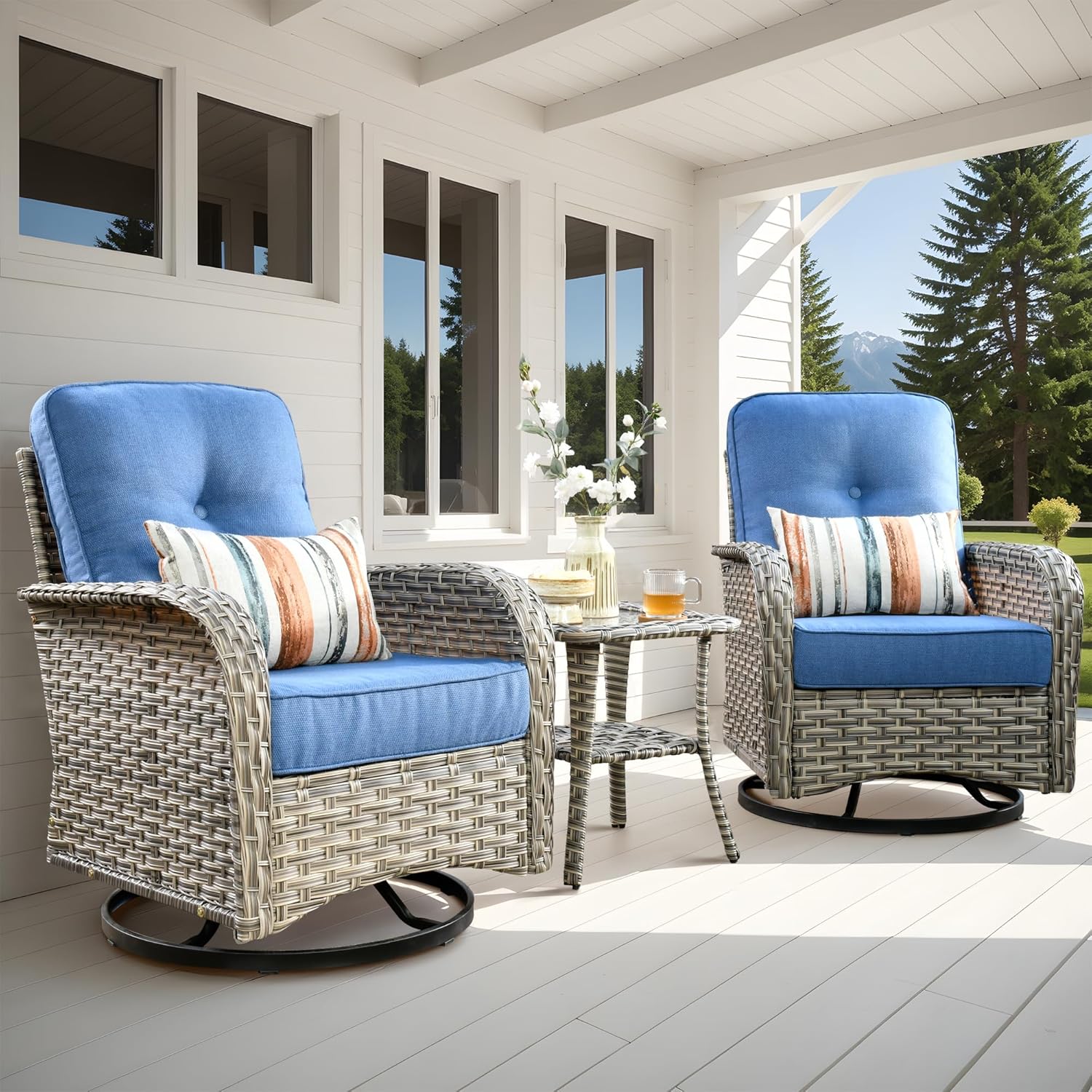 Diamond Blue Outdoor Bistro Set: Swivel Rocking Chairs - Relax in Style!