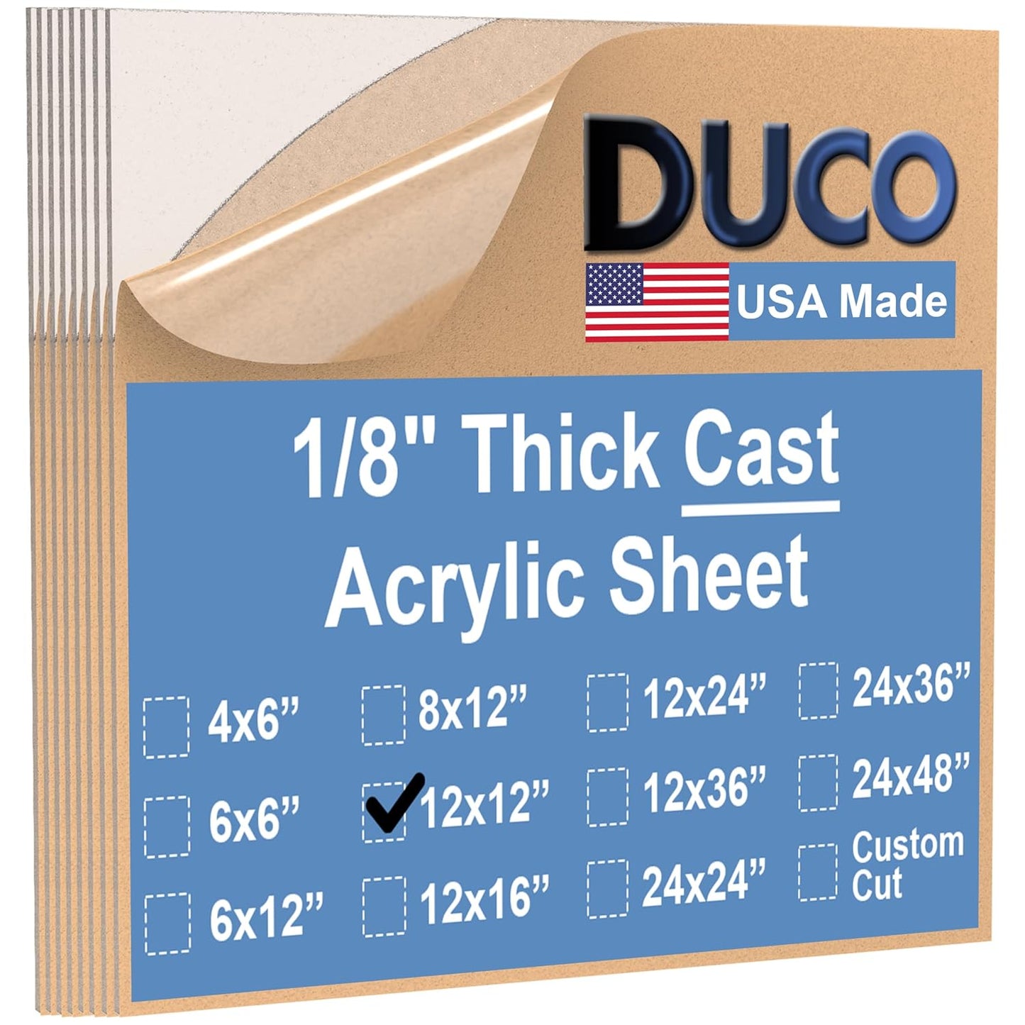 Duco USA-Made Clear Cast Acrylic Sheet 1/8 Inch Thick 12in x 12