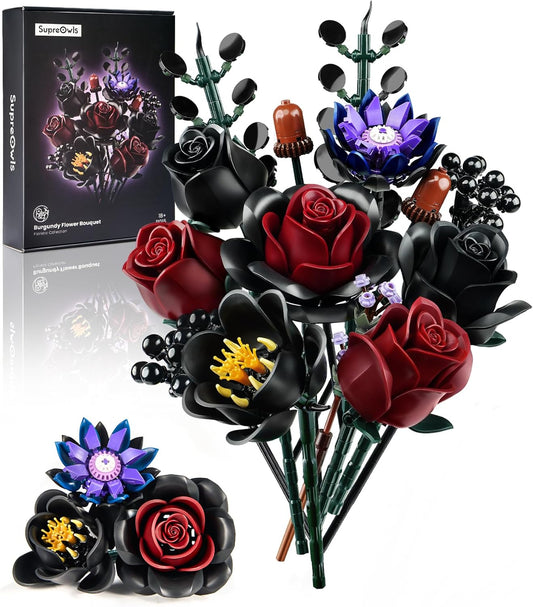 iATOM Halloween Black Burgundy Red Rose Bouquet Building Set