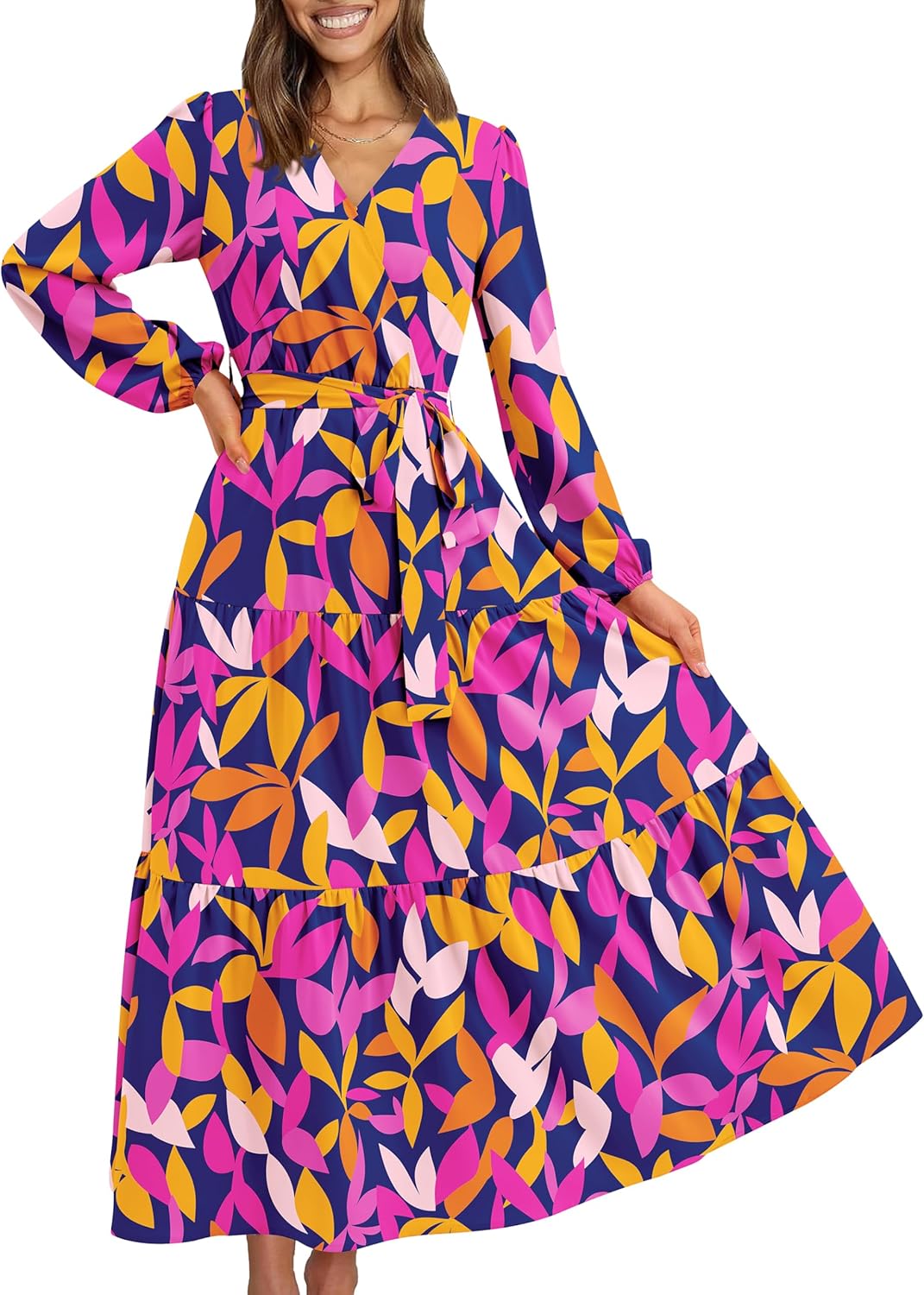 PRETTYGARDEN Womens Spring Long Sleeve Wrap V Neck Maxi Dress