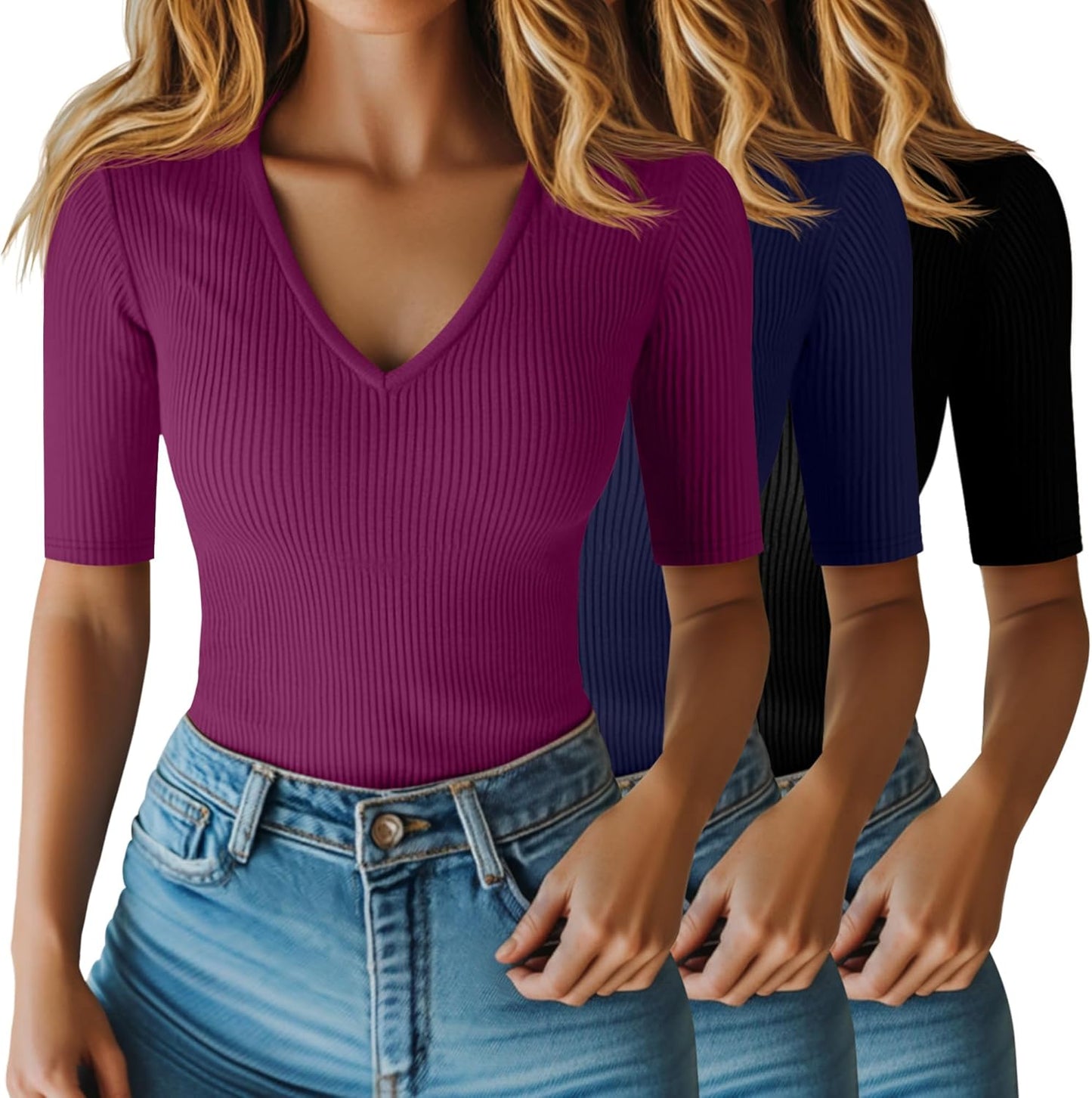 Riyiper Women's Half Sleeve Top V Neck Slim Fit Casual Blouses