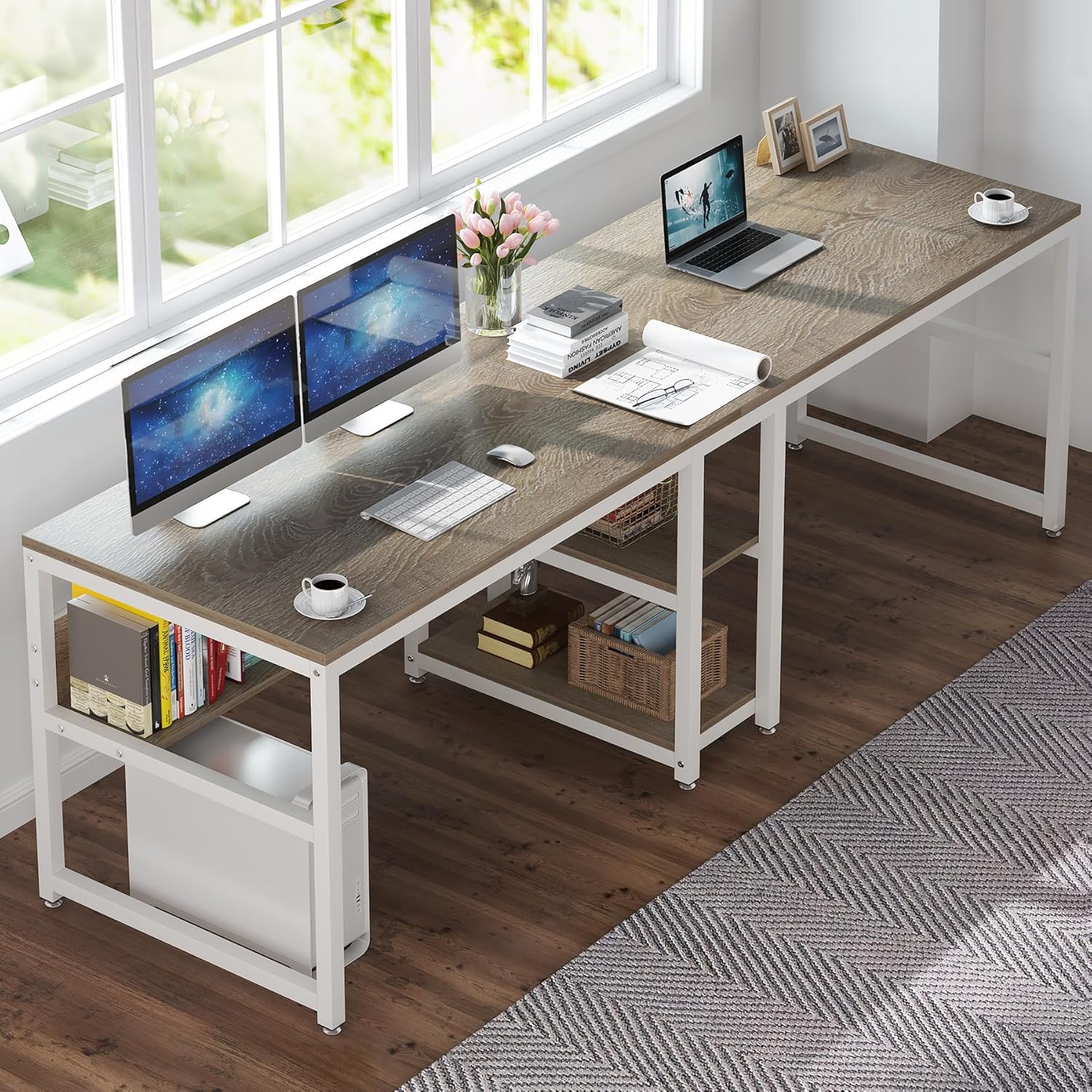 Spacious Two Person Desk with Bookshelf by Tribesigns