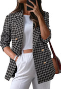 Plaid Tweed Blazer for Women - Dressy Casual Double Breasted Jacket
