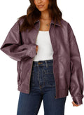 Women's Faux Leather Motorcycle Jacket - Oversized Zip Up Coat