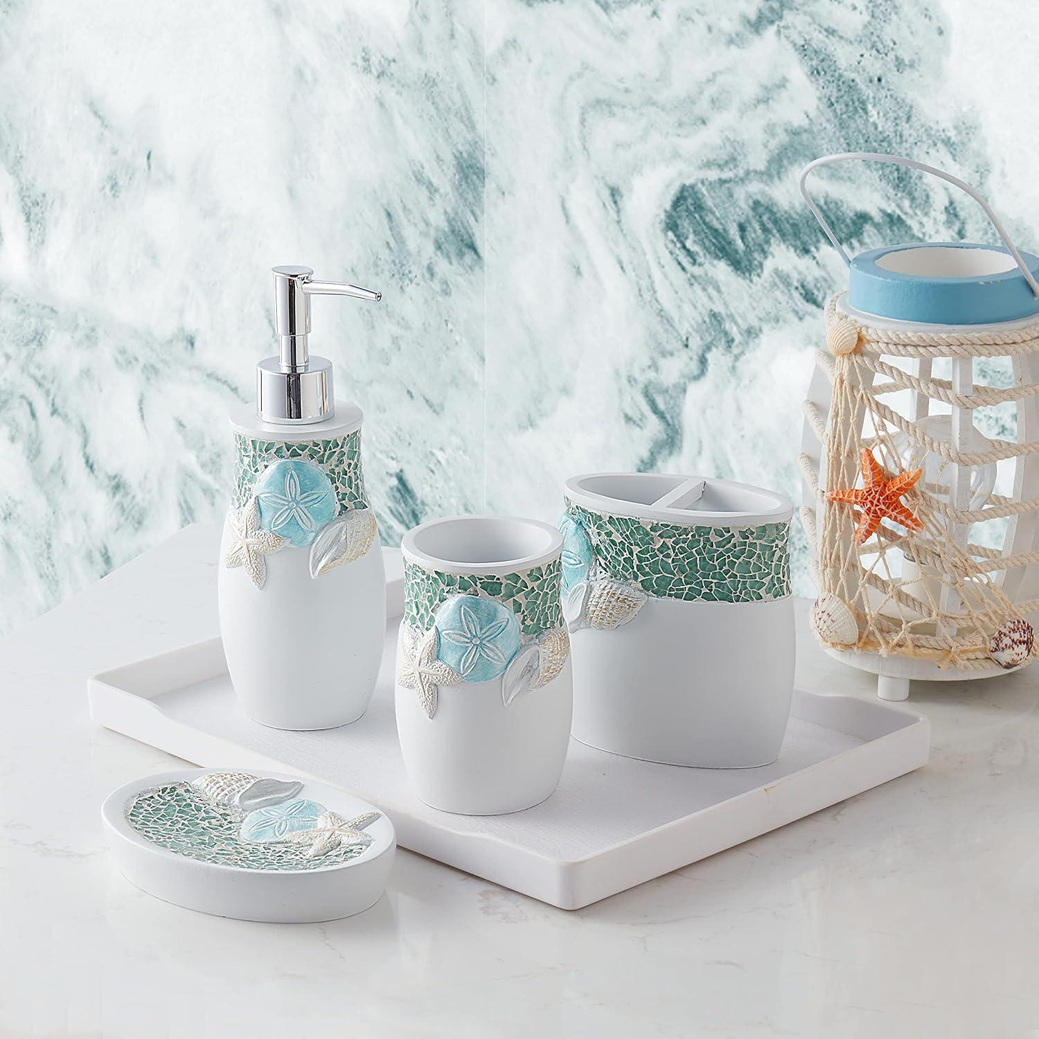Seascape Bathroom Accessories 4 Piece Set for Modern Decor