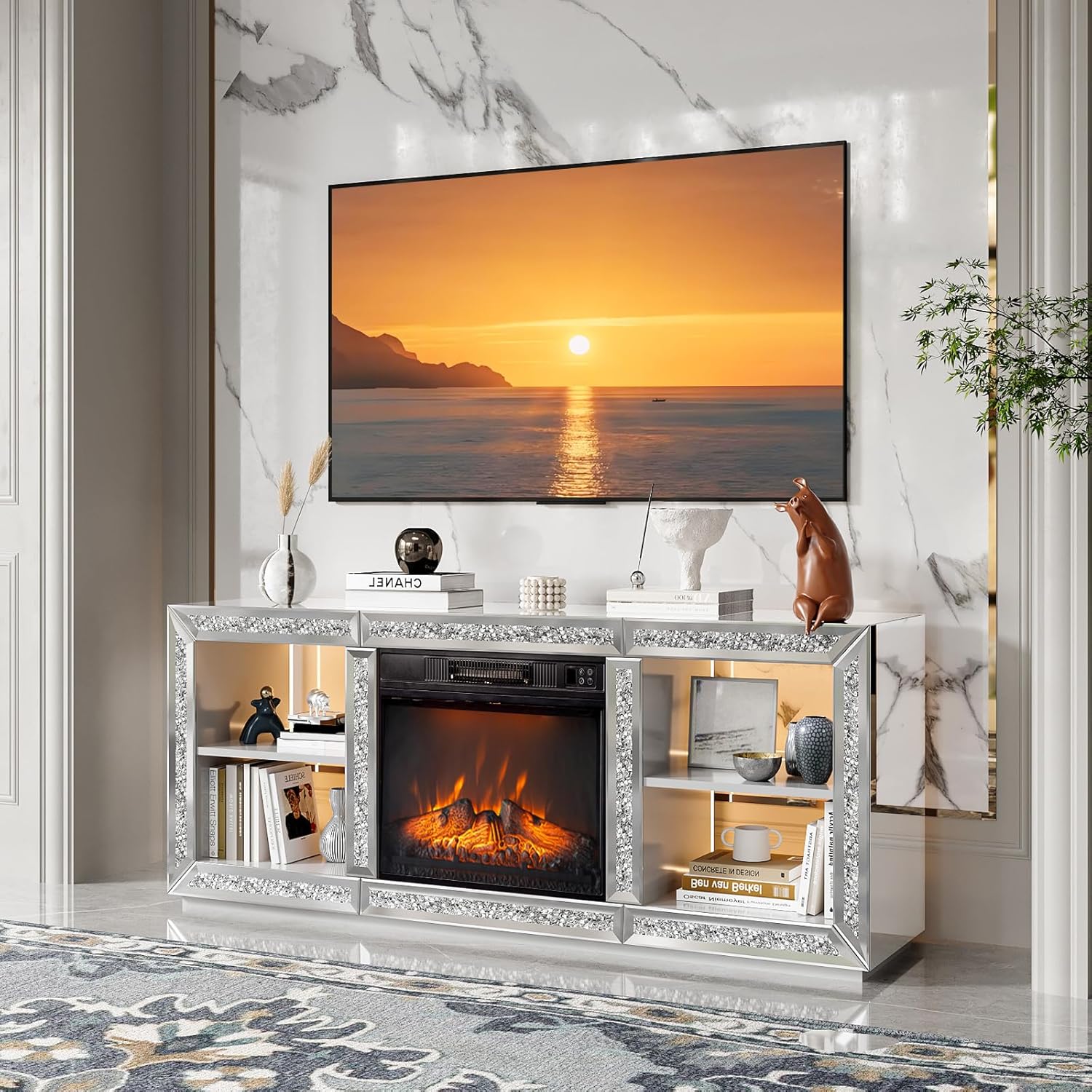 VINGLI 70 Mirrored TV Stand with Electric Fireplace