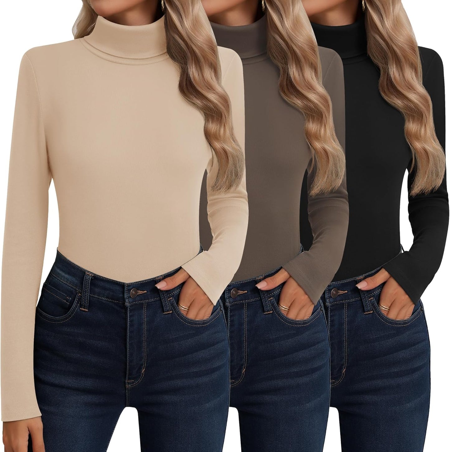 Neer 3 Pack Cotton Women's Turtleneck Long Sleeve Tops