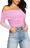 Off The Shoulder Long Sleeve Bodysuit - Slimming Sheer Mesh Fit