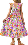Girls Tie Back Maxi Dress Tween Boho Square Neck Flutter Sleeve