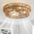 Rattan Boho Ceiling Fan with Light Flush Mount - Low Profile Style