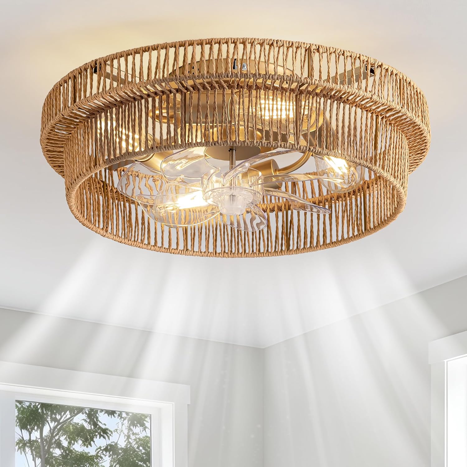 Rattan Boho Ceiling Fan with Light Flush Mount for Home Decor