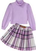 Girls Skirt Sets 2 Piece Outfits Long Sleeve Puff Tops and Plaid Shoes