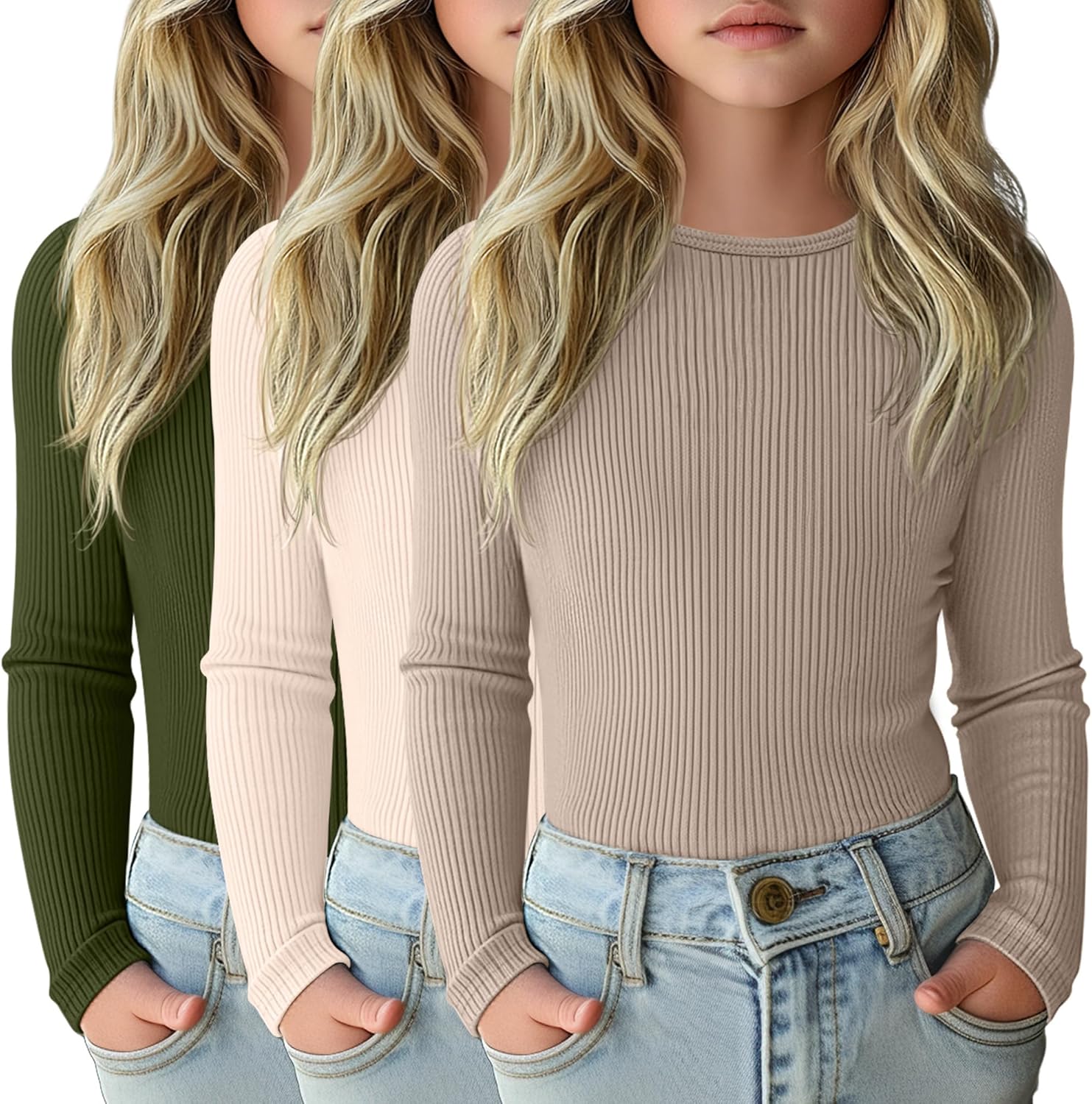 3 Pack Girls Long Sleeve Shirts for Casual Layering and Comfort