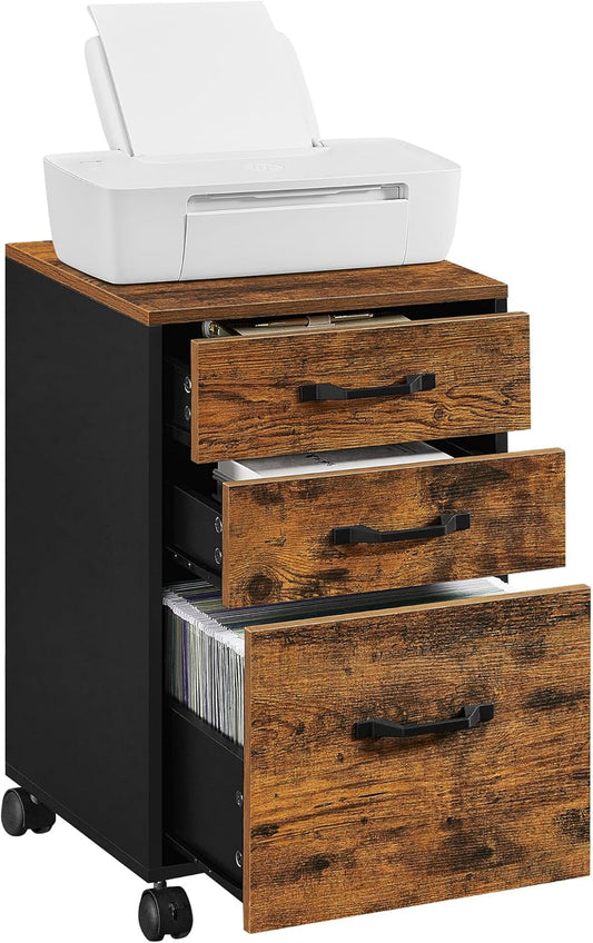 VASAGLE 3-Drawer File Cabinet for Home Office, Wheels, Rustic Brown & Ink Black
