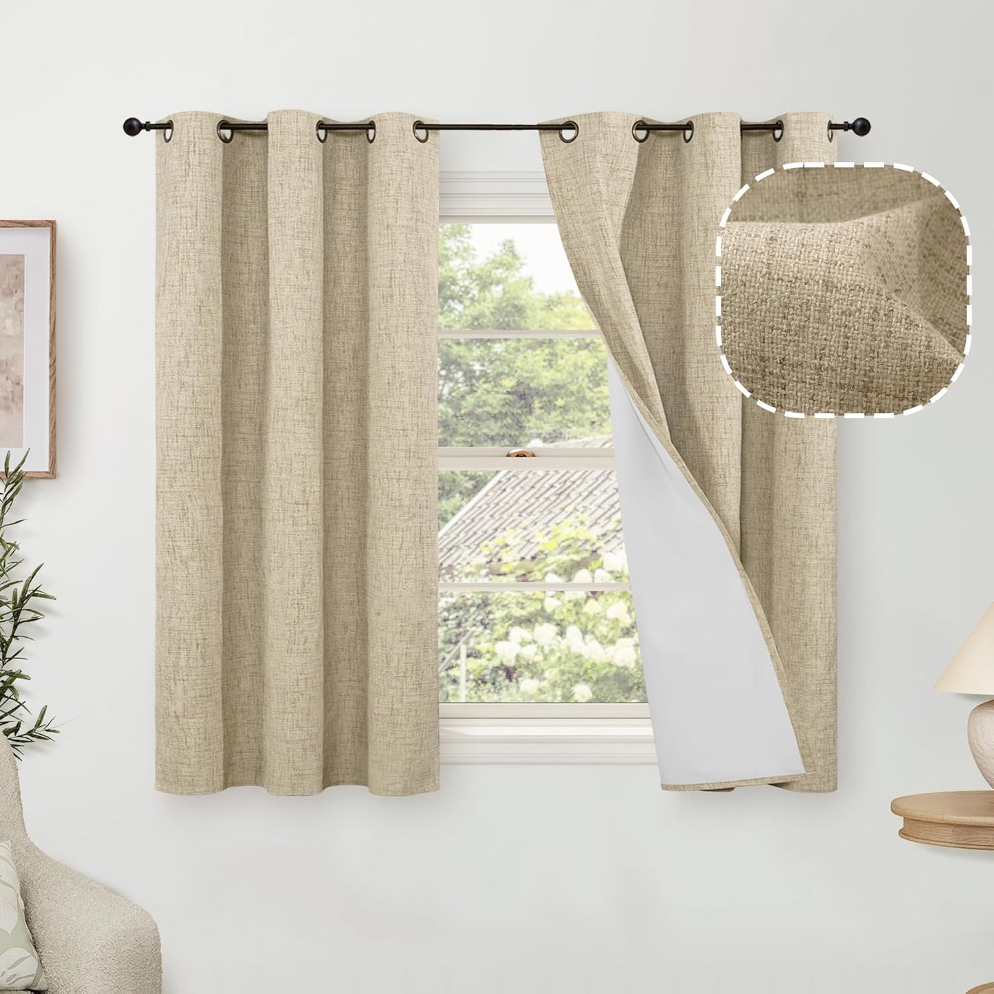 45 Inch Linen Blackout Curtains for Short Cafe Windows