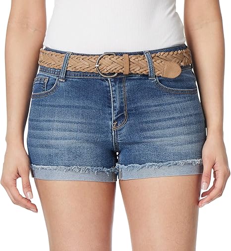 WallFlower Women's Luscious Curvy Denim Shorts with Bling and Belt
