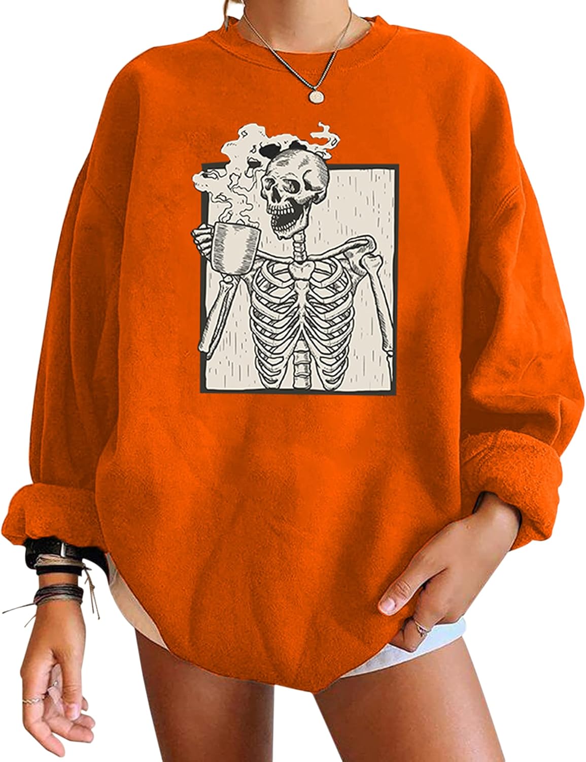 Meladyan Halloween Skull Graphic Print Oversized Sweatshirt