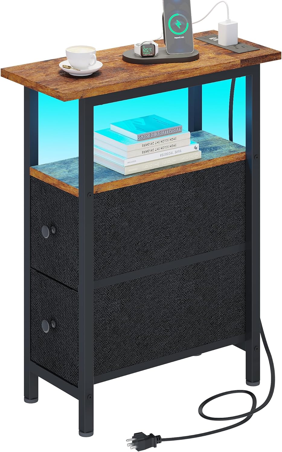 End Table with Charging Station and LED Light for Small Spaces