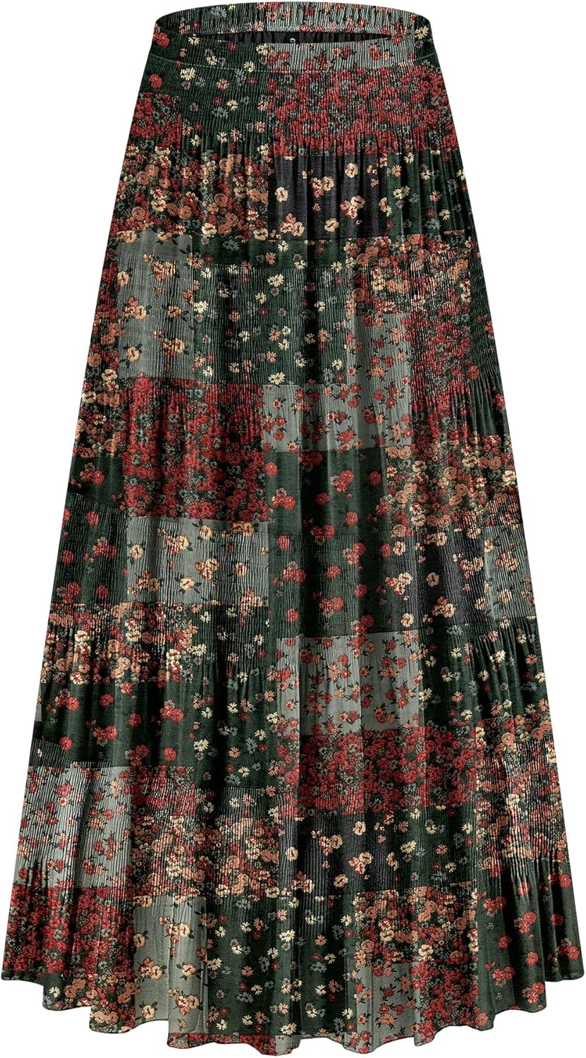 Chiffon Elastic High Waist Tiered Floral Maxi Skirts for Women