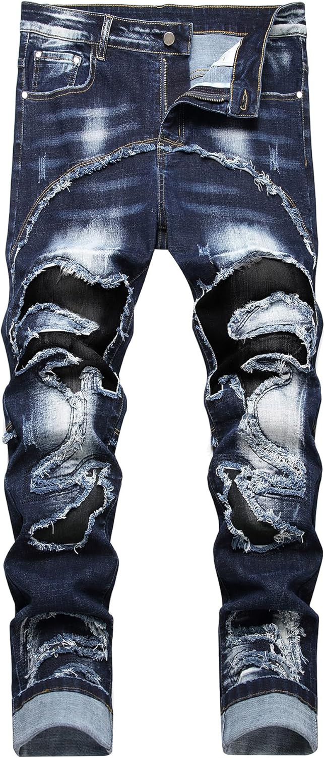 Baylvn Men's Designer Slim Fit Patchwork Jeans for Comfort