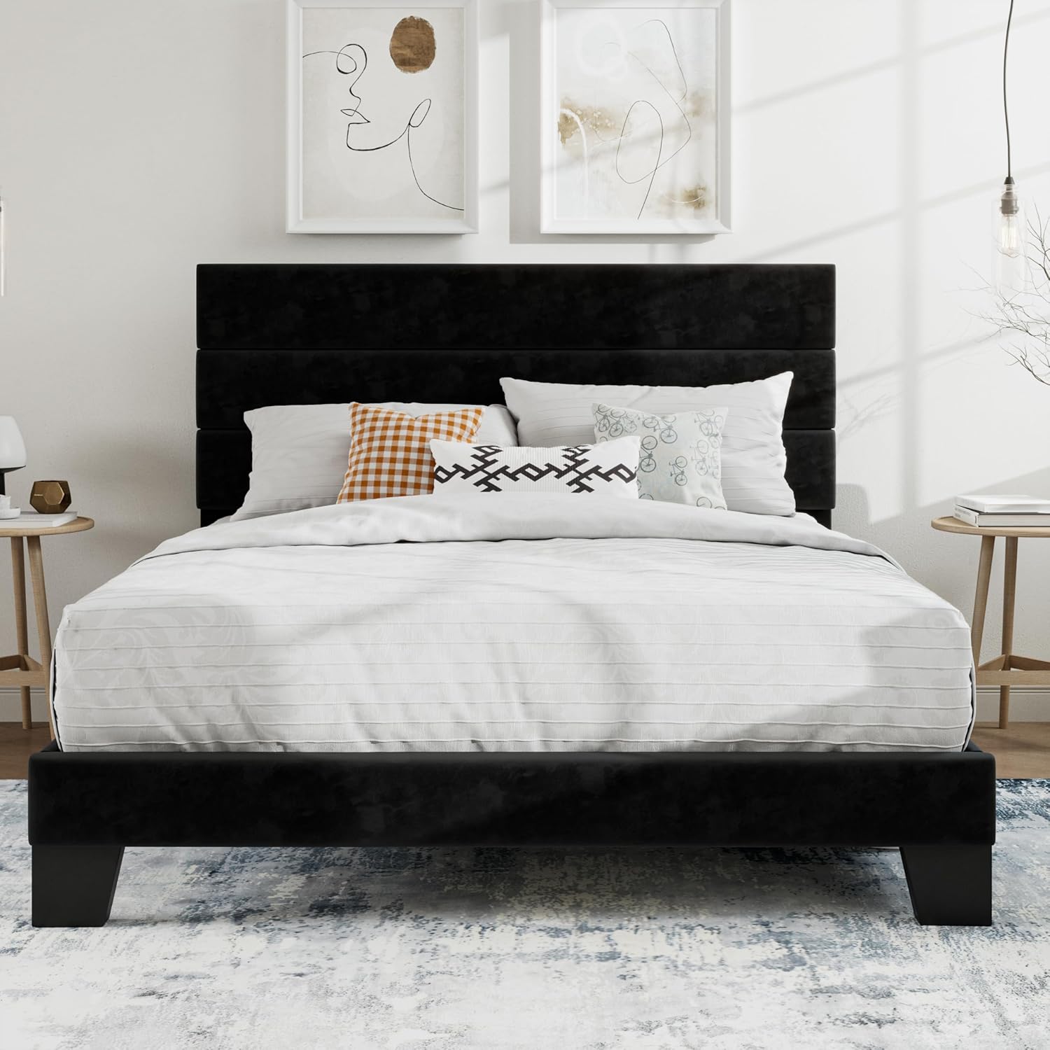 SHA CERLIN Queen Platform Bed Frame with Velvet Headboard