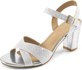 Chunky Heels for Women Wedding Sparkly Open Toe Ankle Strap Heels