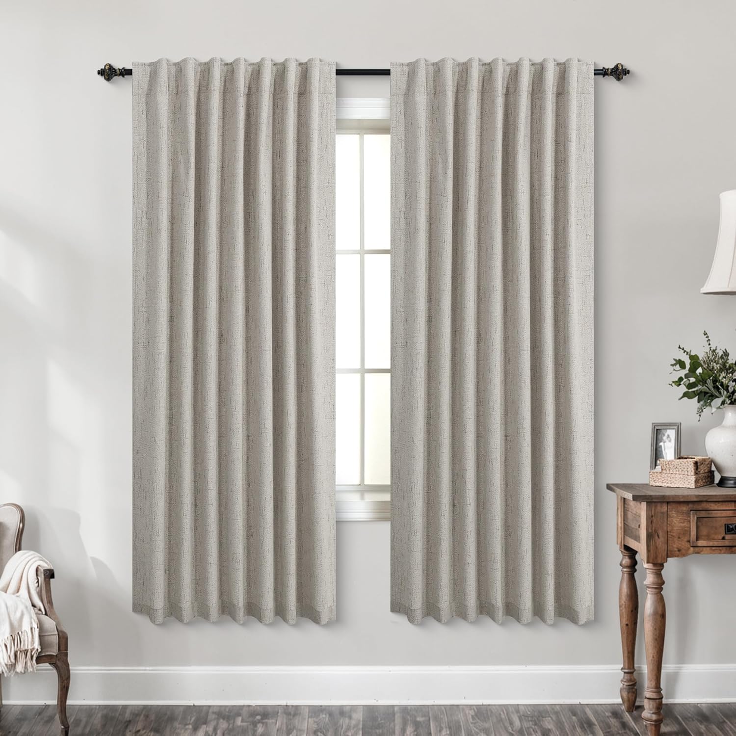KOUFALL Taupe Back Tab Linen Blackout Curtains for Home Decor