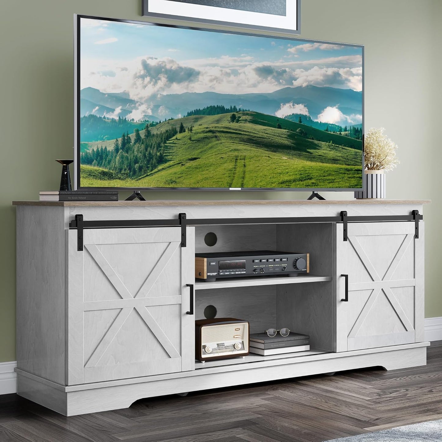 Rustic Farmhouse TV Stand for 65 TVs with Sliding Barn Doors